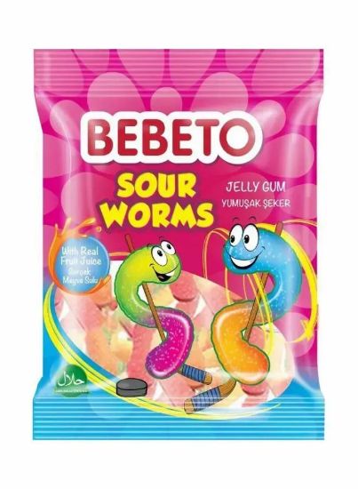 Picture of Bebeto Jelly Candy Sour Worms 80gm Pack of 12