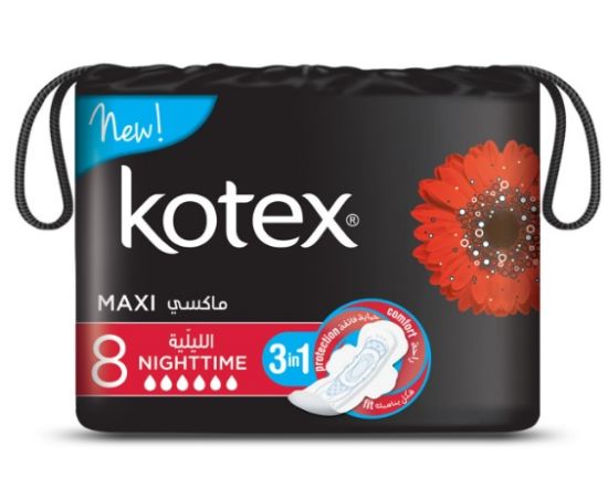 Picture of Kotex Maxi Protect Thick Pads, Overnight Protection Sanitary Pads with Wings, 8 Sanitary Pads