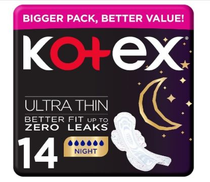 Picture of Kotex Ultra Thin Pads, Overnight Protection Sanitary Pads with Wings, 14 Sanitary Pads