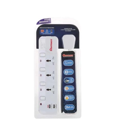 Picture of Oshtraco 3 Way Universal Extension Socket 2Mtr & Dual USB 1pc